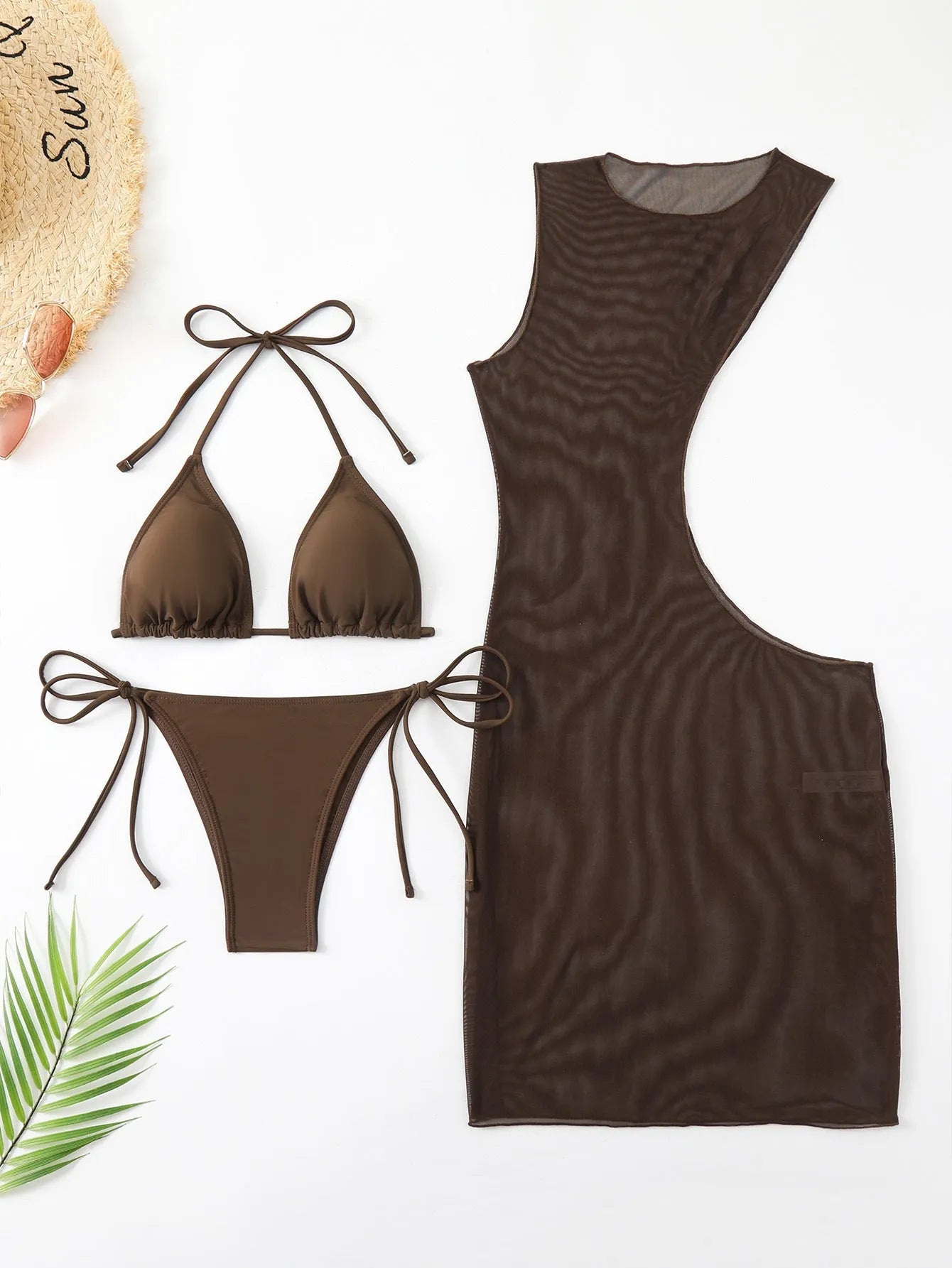Women's brown three-piece split swimsuit set with bra, shorts, and blouse on a model.