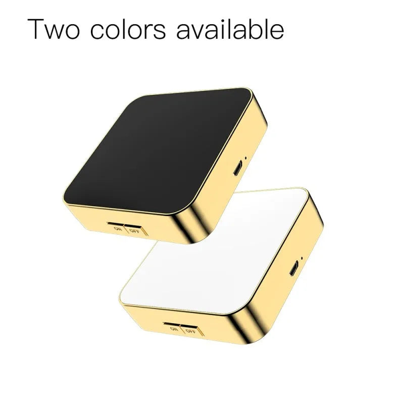Black and white makeup mirror with LED lights around the edge, showing both the magnifying and standard mirror sides.