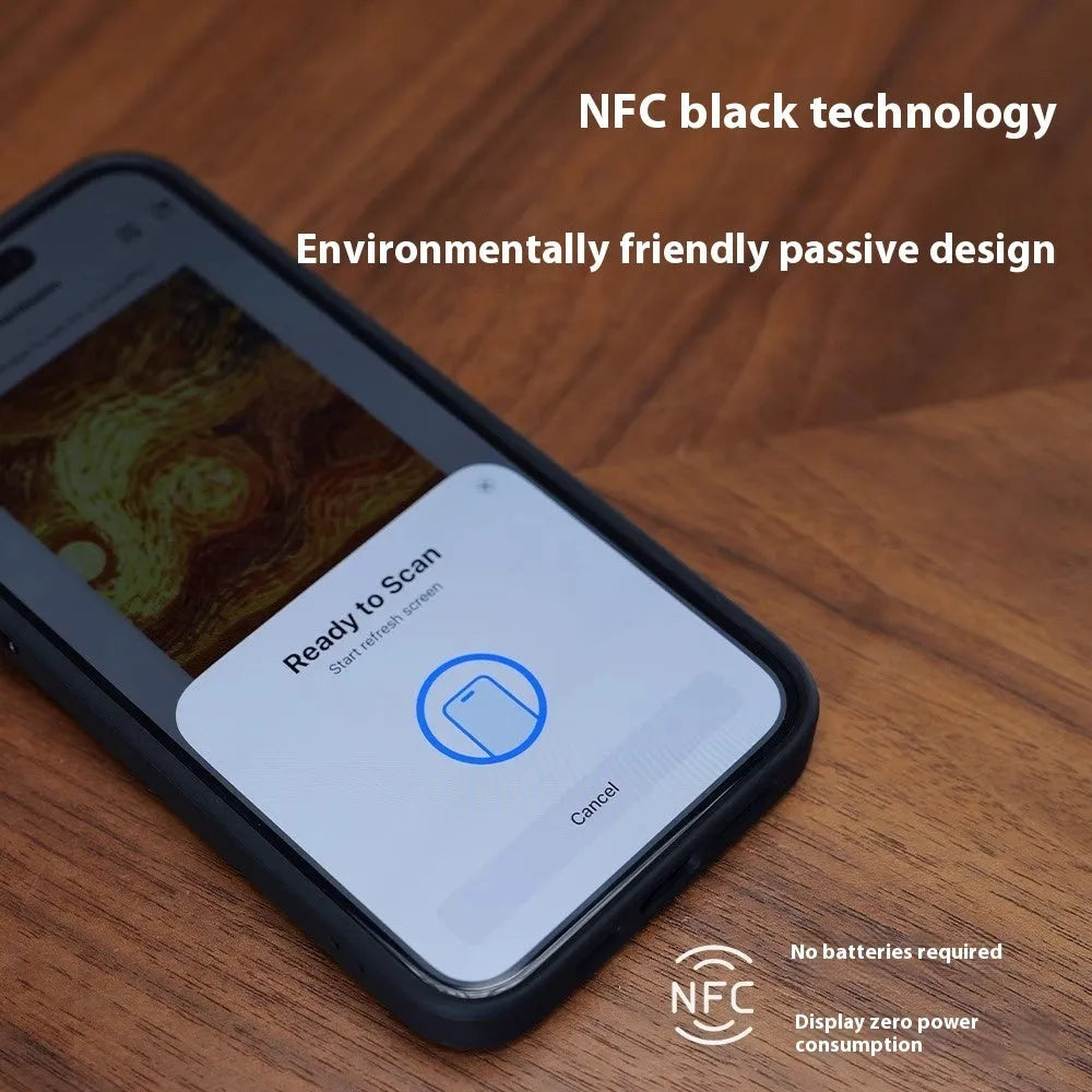 Graphite black iPhone case with a four-colour E-ink display and a fold-out standing bracket.