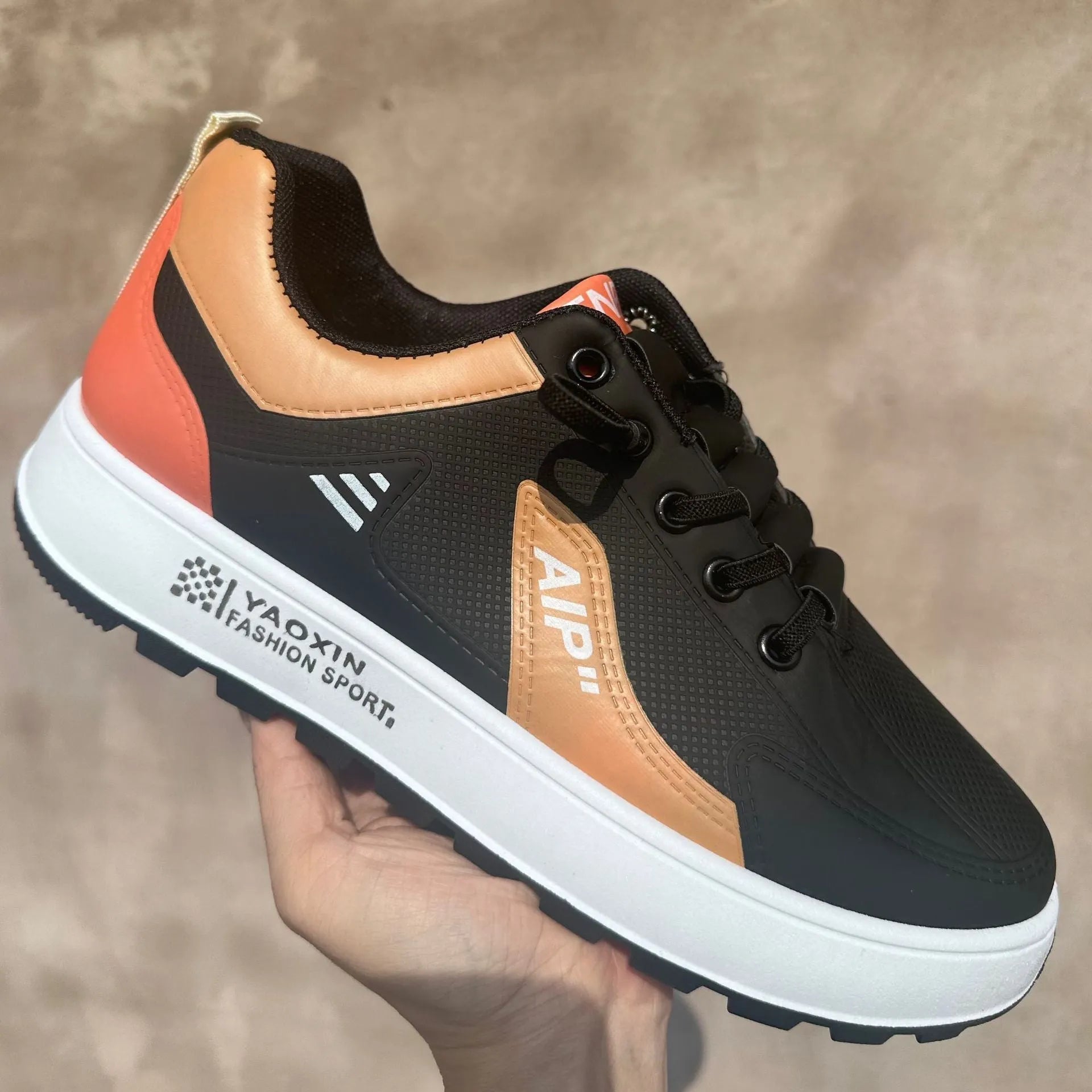 Men's white and black casual sports shoes with round toe and artificial PU leather upper