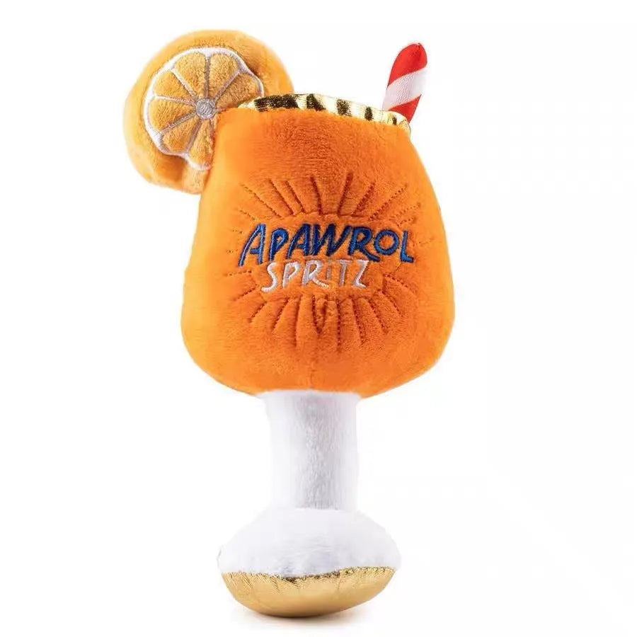 Yellow beer bottle shaped plush squeaky dog toy with teeth cleaning function