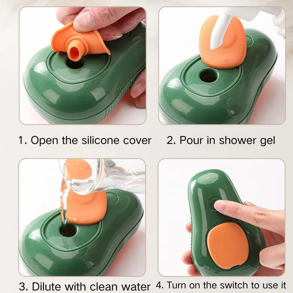 Green and white rechargeable cat steam grooming brush with silicone teeth on a wooden table.