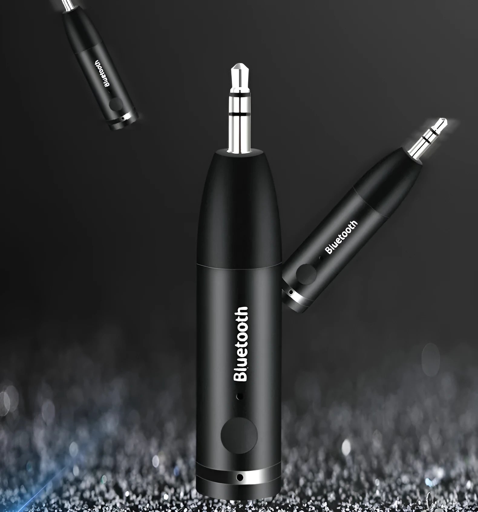 Black car Bluetooth audio receiver with USB cable for wireless music streaming to AUX stereo systems