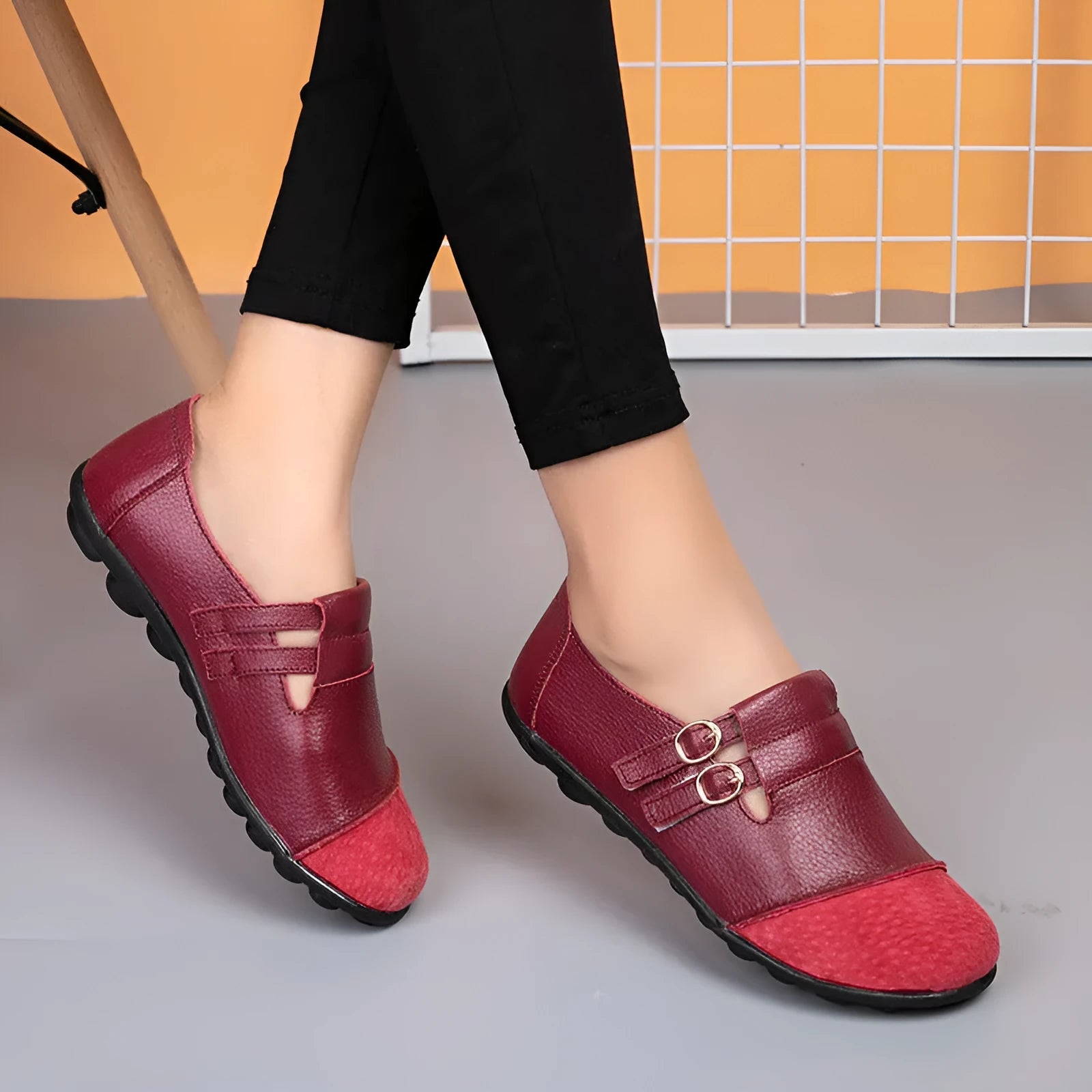 Women's plus size casual Velcro flats with button detail and round toe in leather