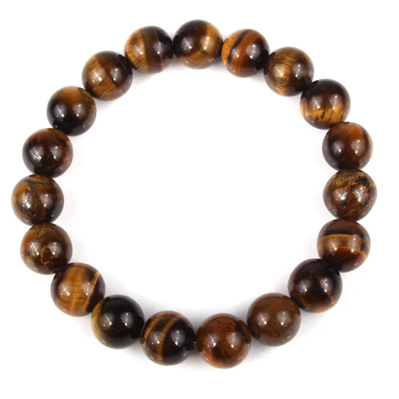 Natural tiger eye crystal bracelet with round beads in choice of colour and 6mm, 8mm, 10mm, or 12mm sizes.