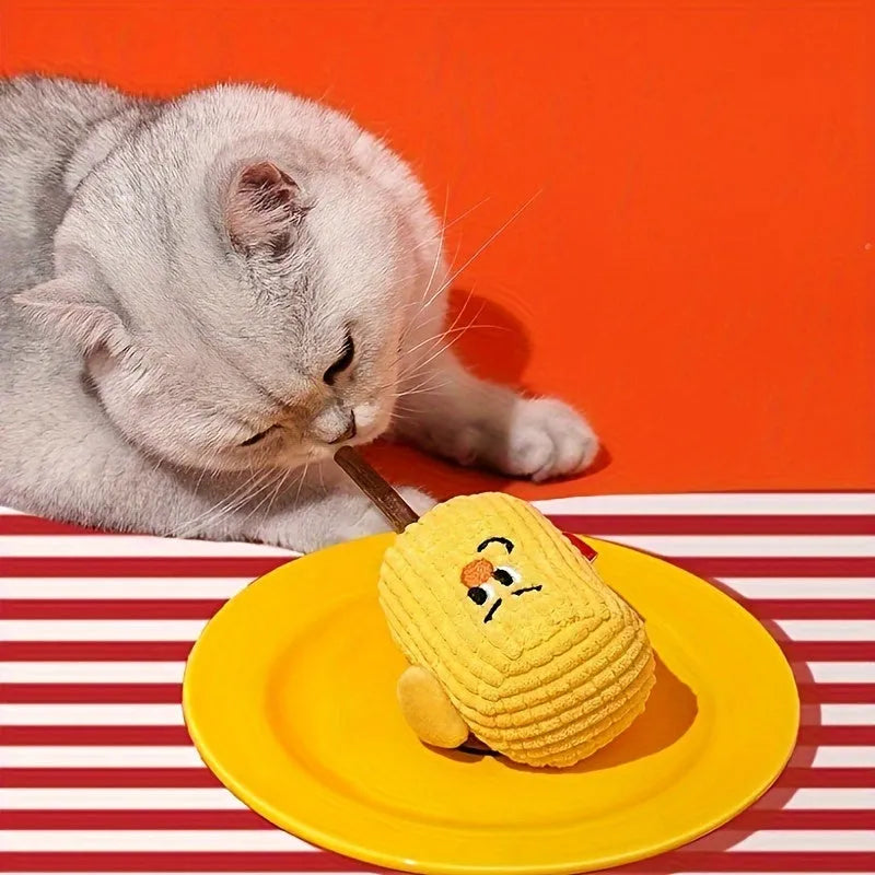 Natural polio wood corn cob shaped cat dental toy with catnip, showing dimensions of 7cm by 6cm by 15cm