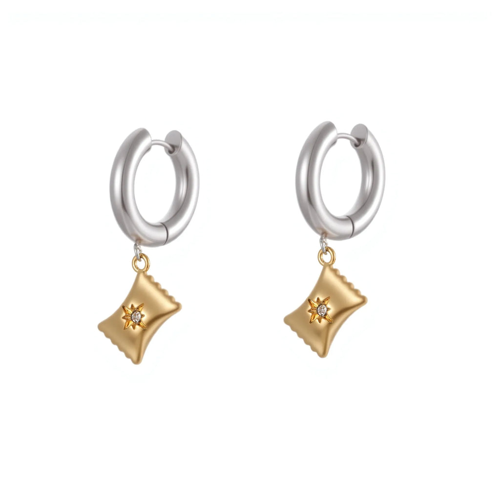 Christmas tree shaped stainless steel earrings with 18K gold electroplated finish and heart star geometric accents