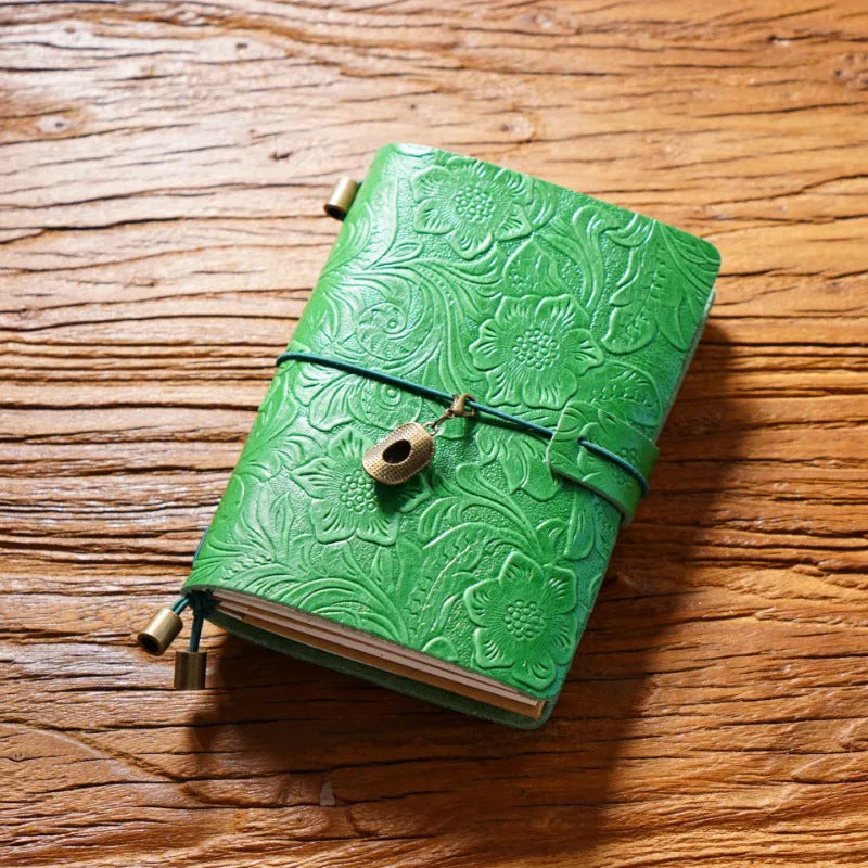 Creative vintage engraving cowhide travel notepad in black A5 size with genuine leather cover