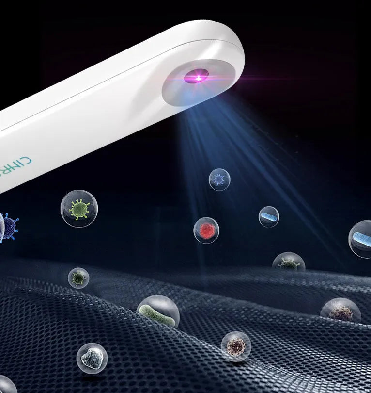 White portable ultraviolet steriliser showing compact 116mm design with display showing battery indicator