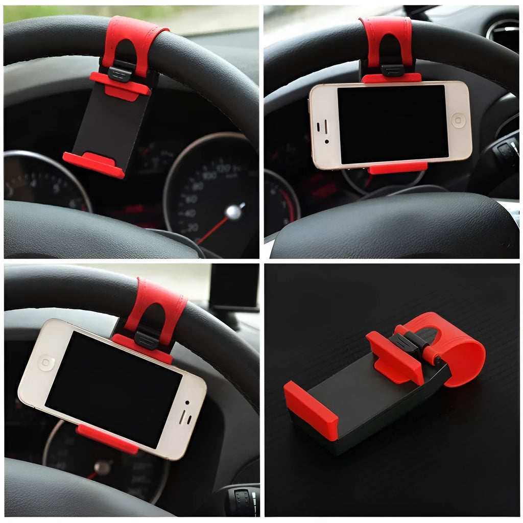 Black car steering wheel phone clip mount holding smartphone for GPS navigation