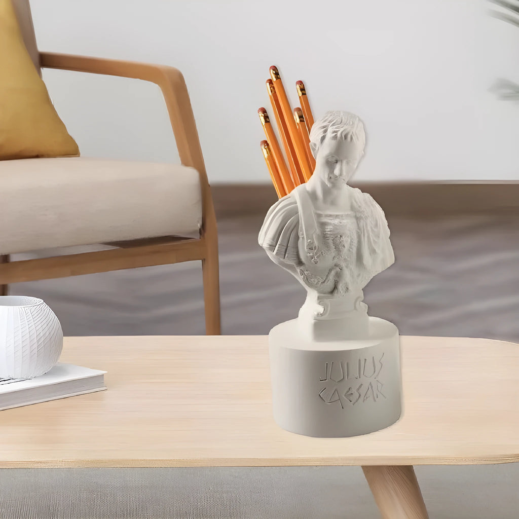White American creative character model synthetic resin pen holder on a desk