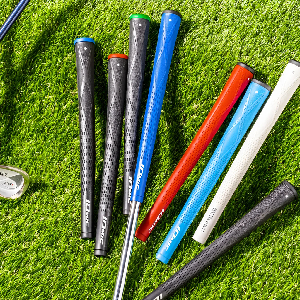 TPE material golf club grip shown in multiple colour options including pink, red, blue, white, and black.