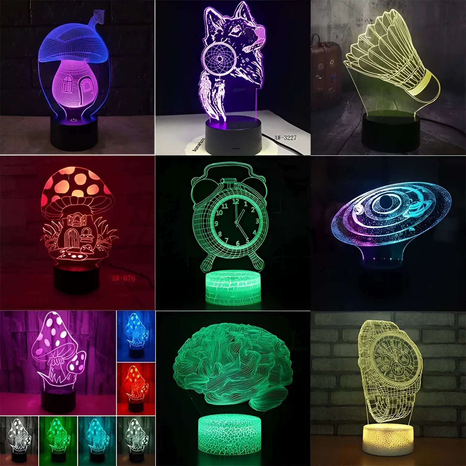3D colourful LED desk lamp with remote control on study desk showing acrylic lighting effects