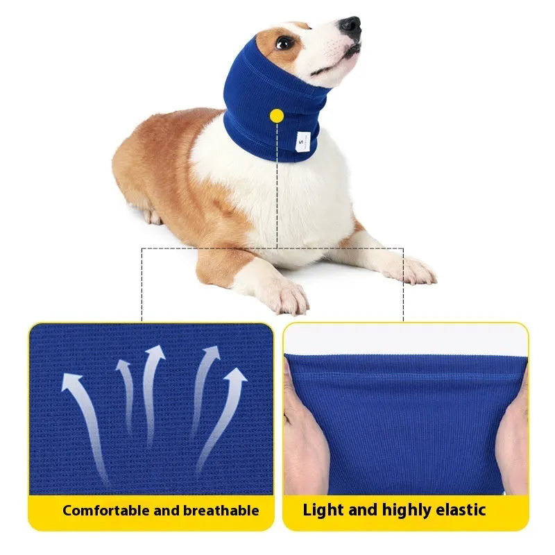 Blue and grey polyester dog comforter headband scarf shown in S, M, L sizes.