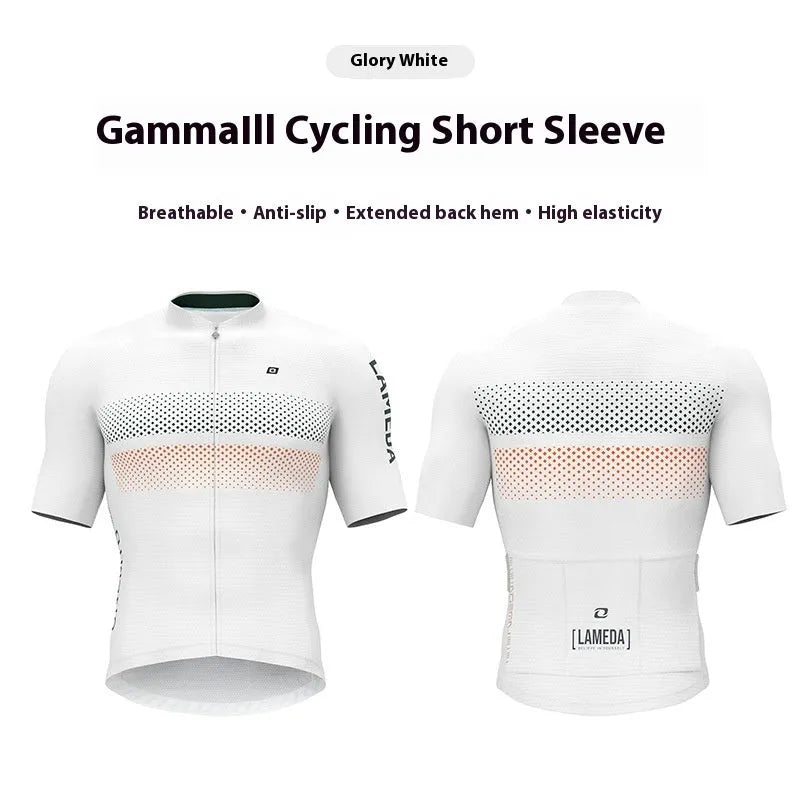 Short-sleeve cycling jersey in polyester with moisture-wicking fabric, available in multiple colours, front view