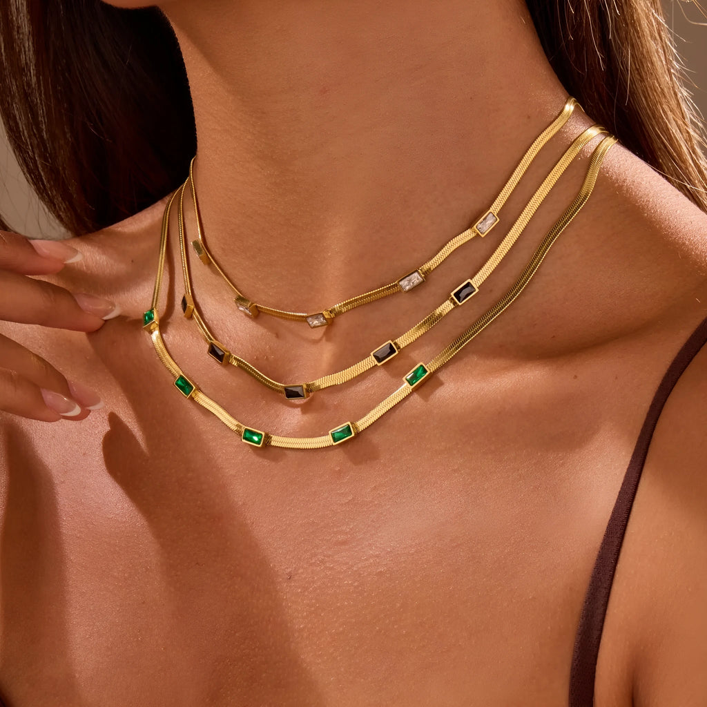 Geometric square zircon pendant necklace with stainless steel flat snake chain in gold or steel colour finishes