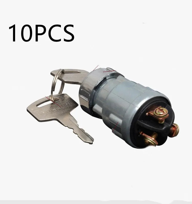 Pure copper vehicle ignition switch lock with matching key on a white background.