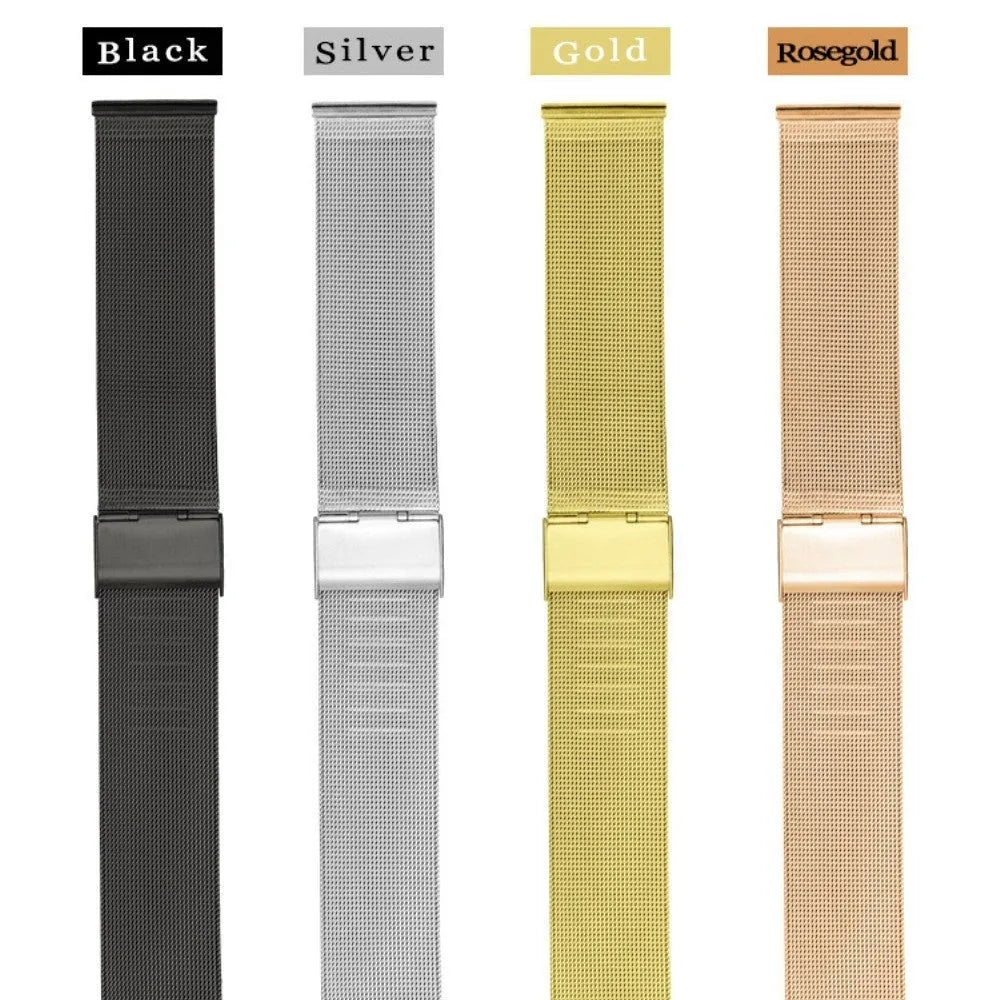 Milani stainless steel watch band with woven silk detail, showing silver, black, rose gold, and gold colour options.