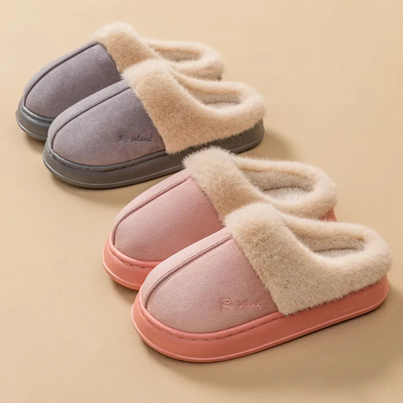 Fluffy couple slippers in pink and khaki with non-slip PVC sole and cloth upper for indoor home use