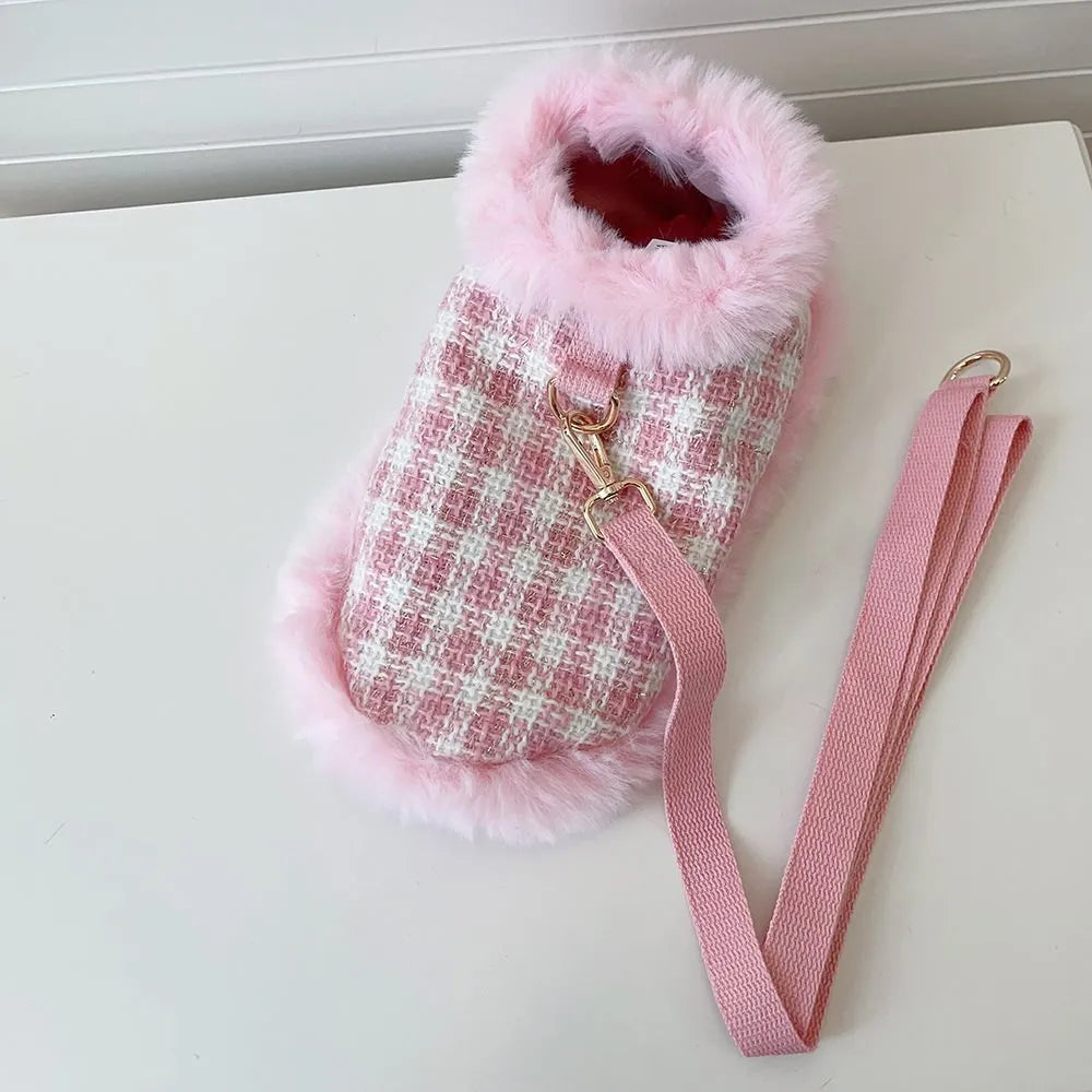 Pink polyester cat costume with a hooded beret and a matching cape on a cat
