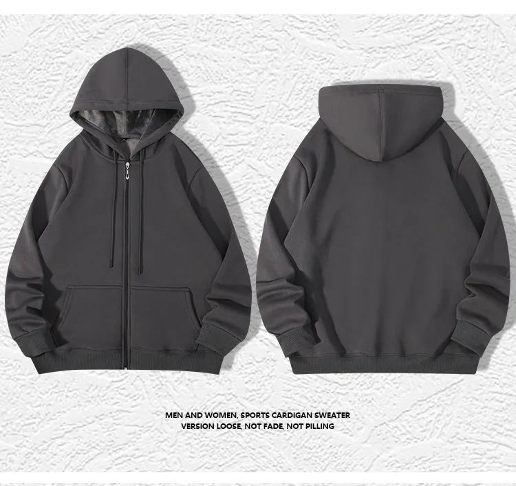 Men's plus size zipper hooded sweater in charcoal grey, showing front zipper and top stitching pockets