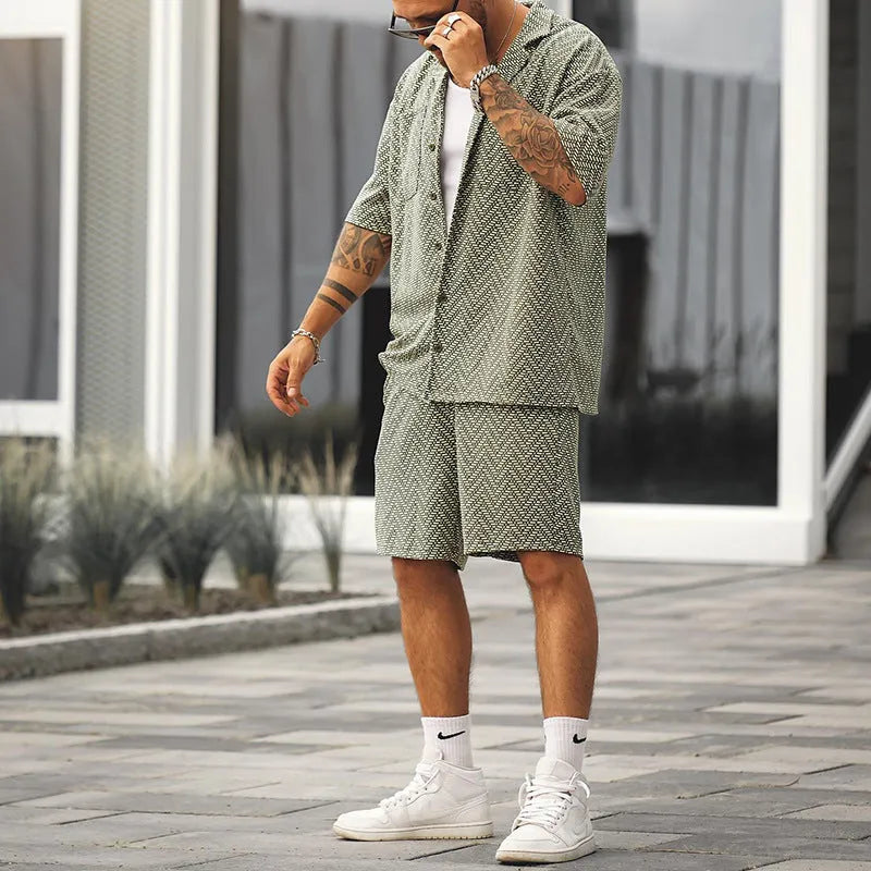 Fashion Individual casual shirt and shorts set in grayish green polyester for men