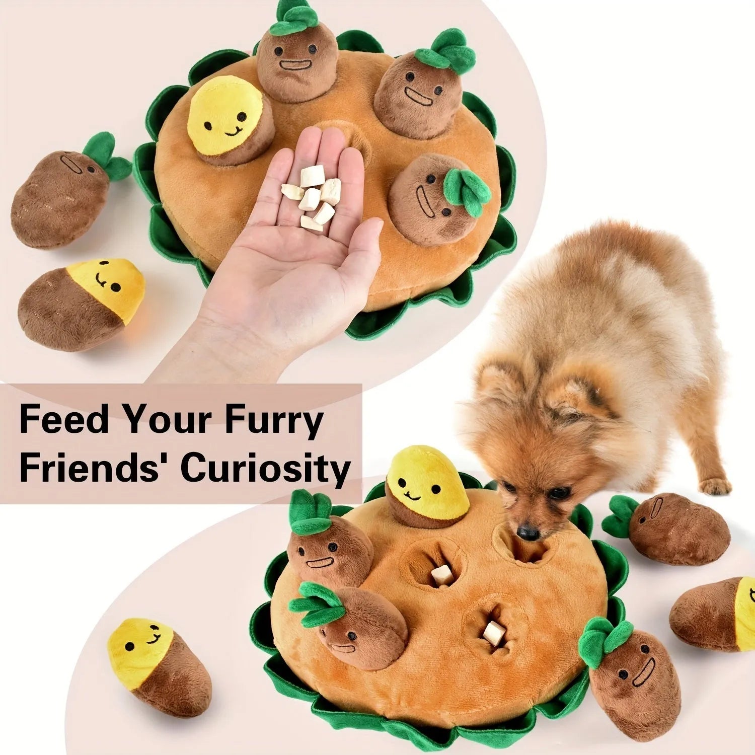 Yellow interactive dog puzzle toys set with polyester sniffing pad and three removable squeaky plush toys