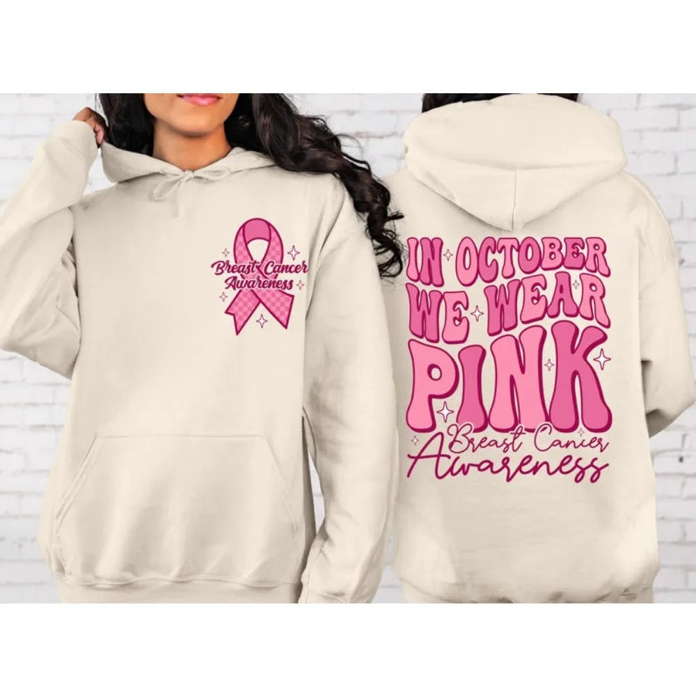 Breast Cancer Awareness hoodie with retro print design and side seam pockets in pink colour.