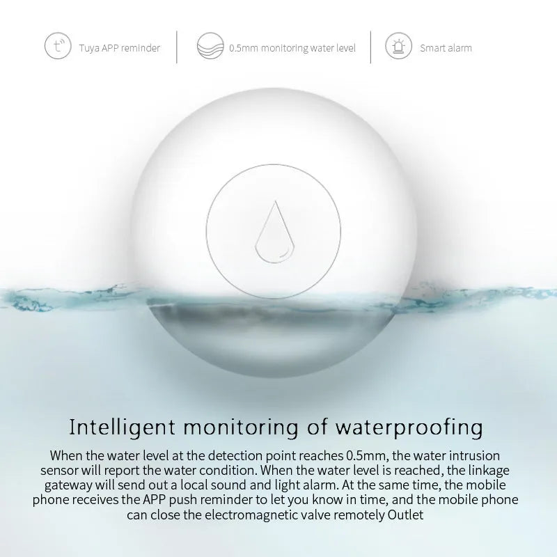 Zigbee wireless flood sensor with compact 50mm size for smart home water leak detection