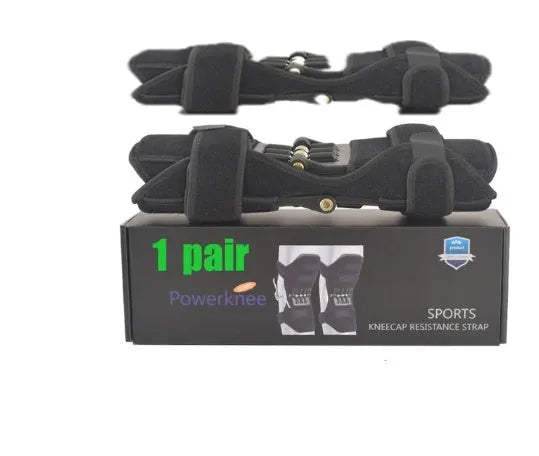 Black spring knee brace with adjustable straps on a grey background