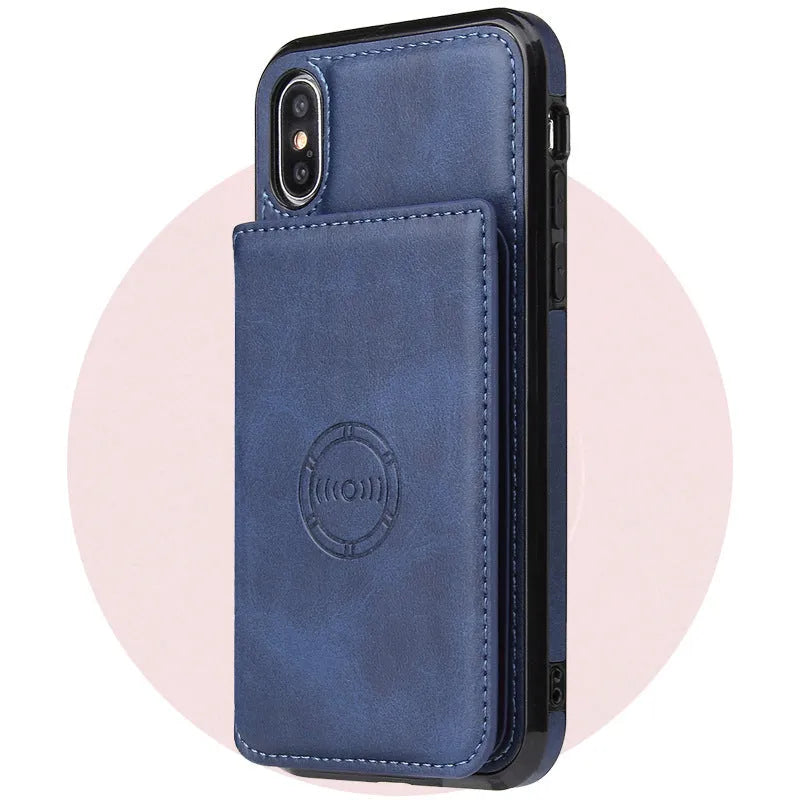 iPhone 11 imitation leather card wallet phone case in various colours showing integrated card slot
