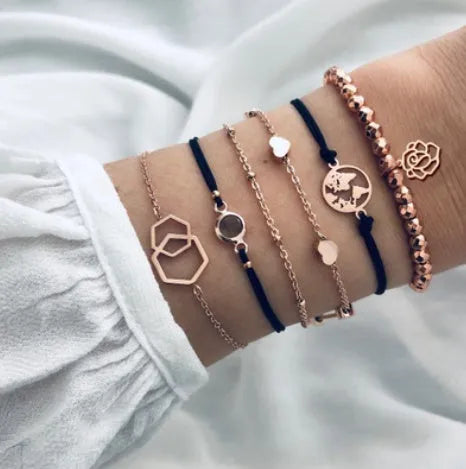 Bohemian bracelet set with alloy vintage bead and boho charm design in bow love style for women