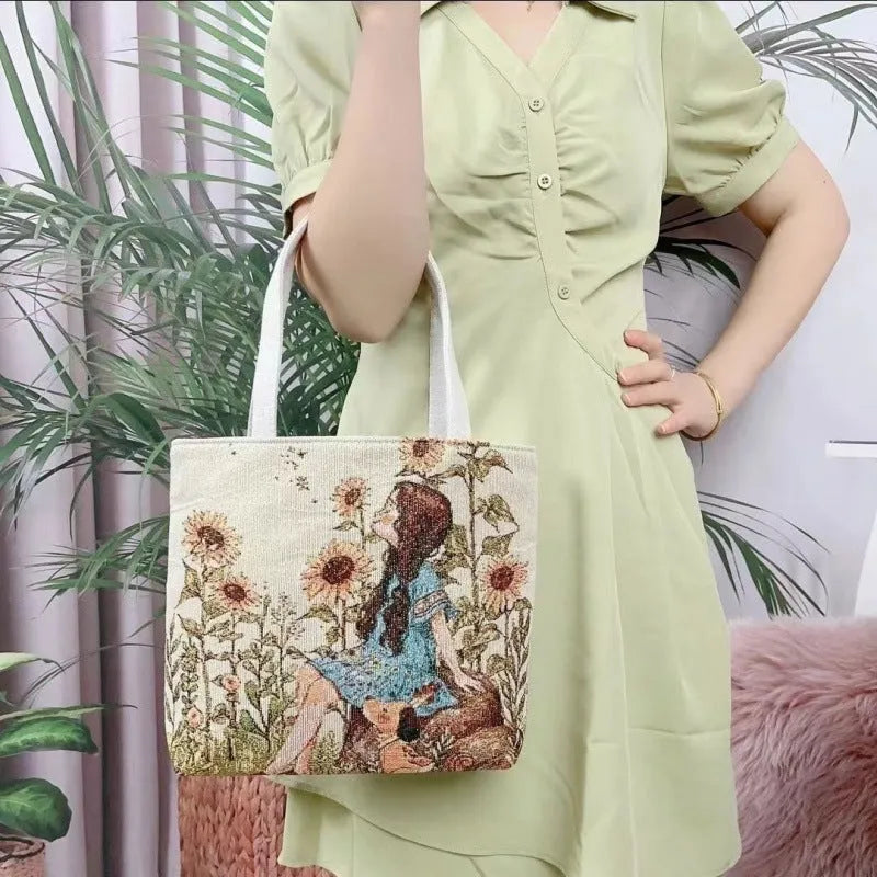 Double-sided gold wire embroidered canvas bag in small, medium, or large size.