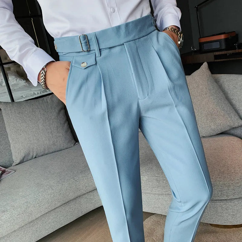 A pair of men's straight-leg casual trousers in a solid colour, laid flat to show the classic cut and polyester fabric.