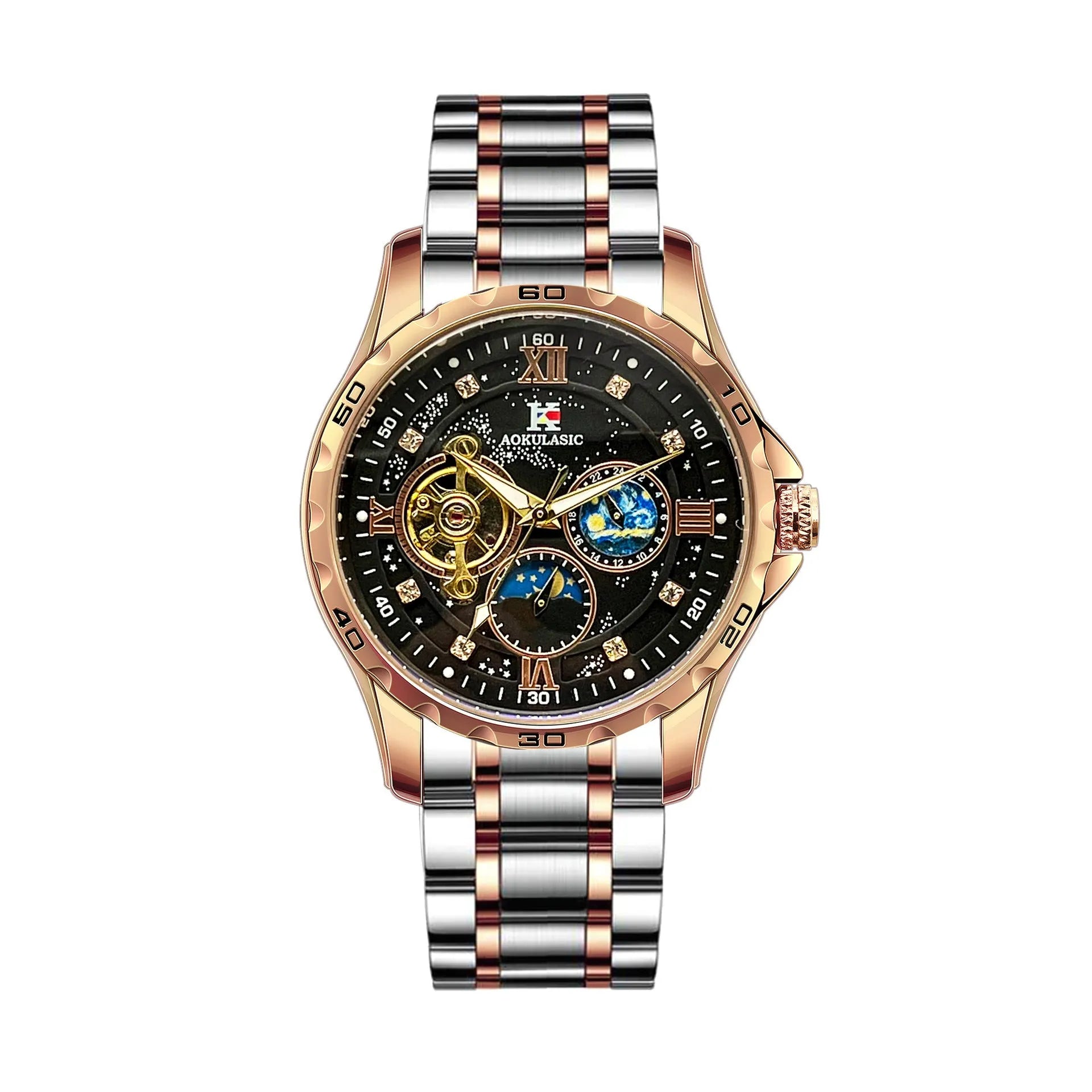 Men's rose gold automatic mechanical watch with black dial and 12mm thickness