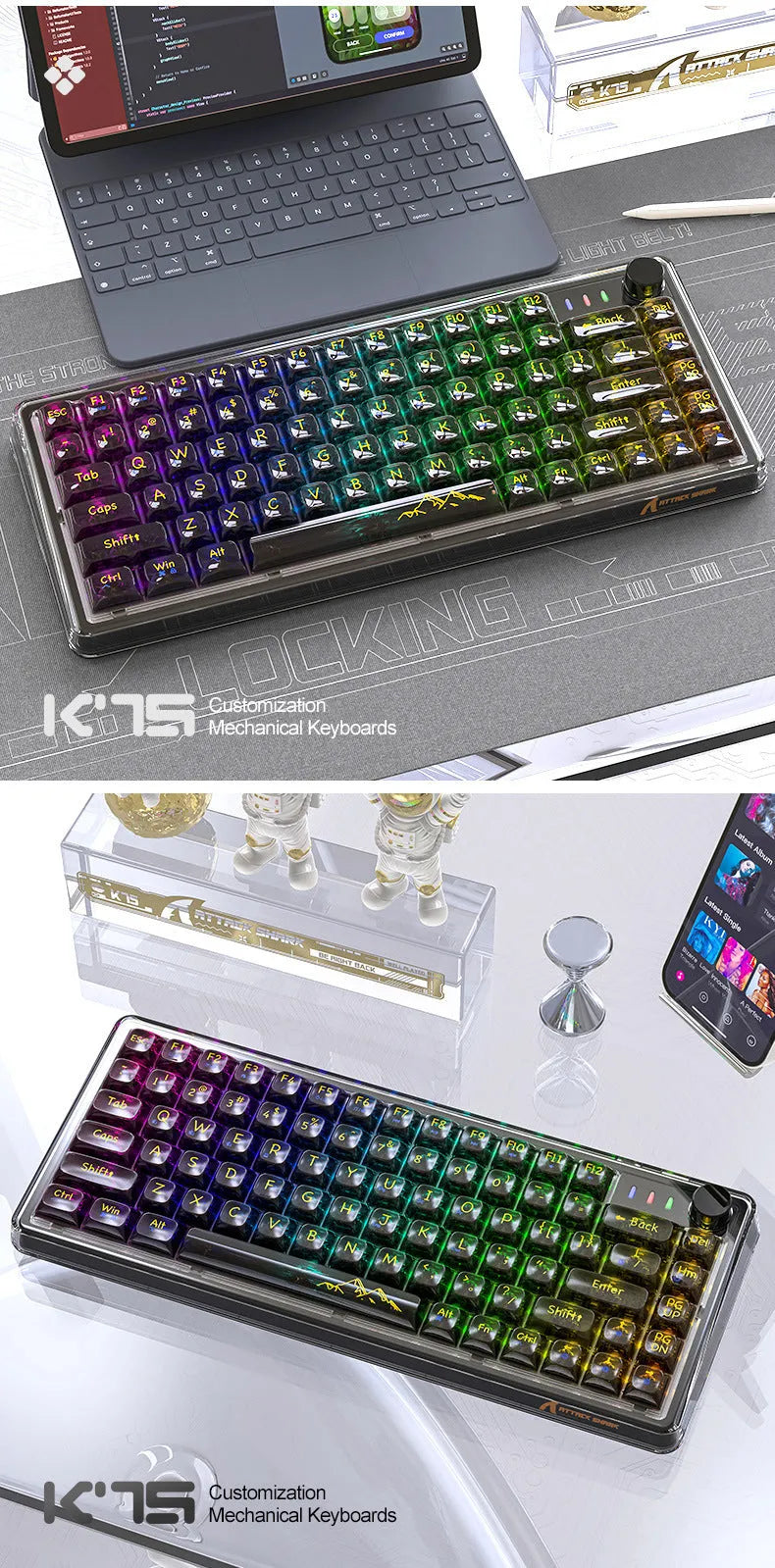 Attack Shark K75RGB transparent wireless mechanical keyboard with RGB lighting