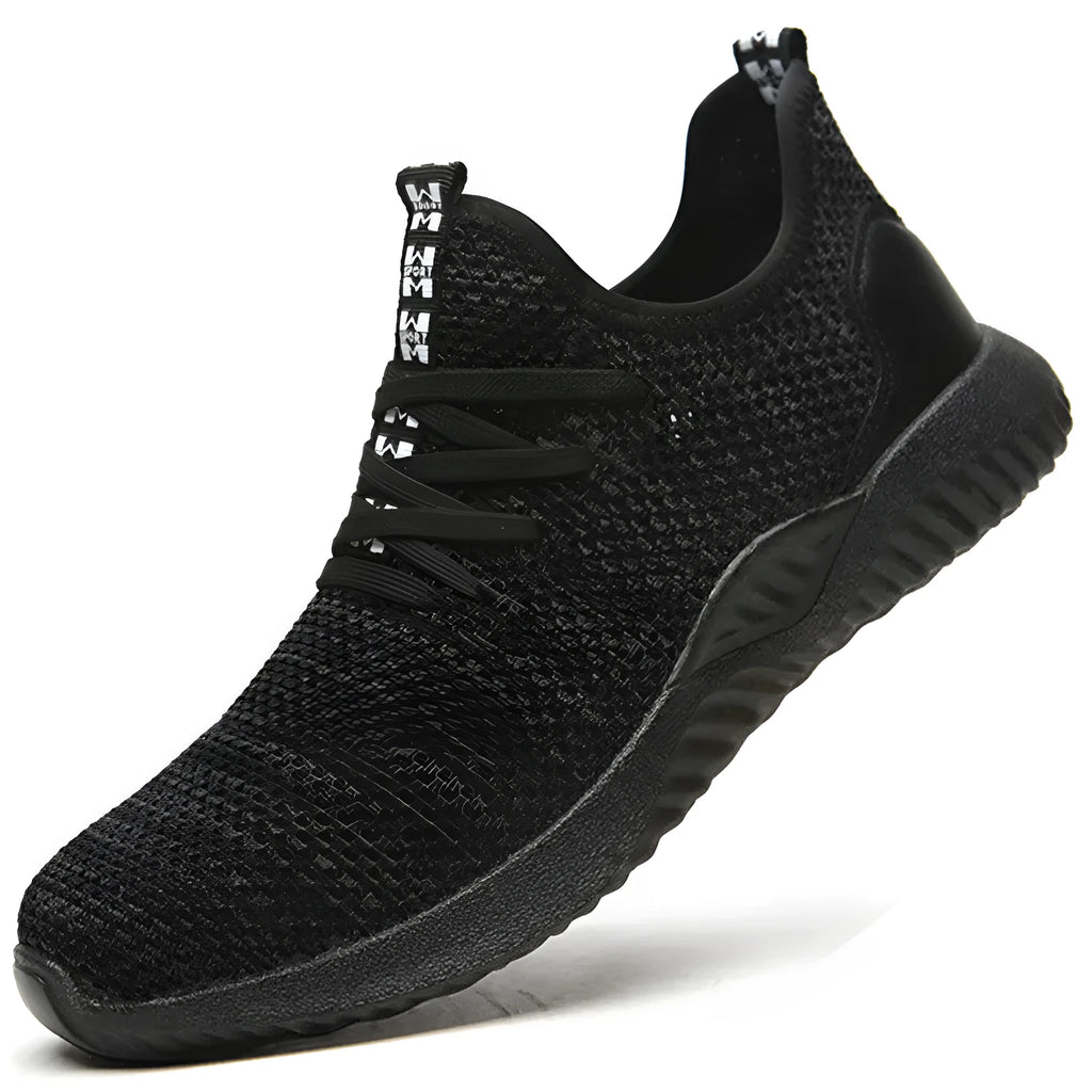 Black safety work shoes with steel toe caps and EVA shock-absorbing soles
