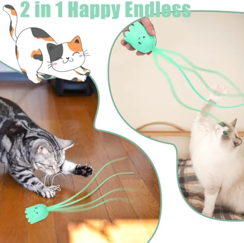 Green electronic cat wand toy with swinging silicone tails for automatic interactive pet play