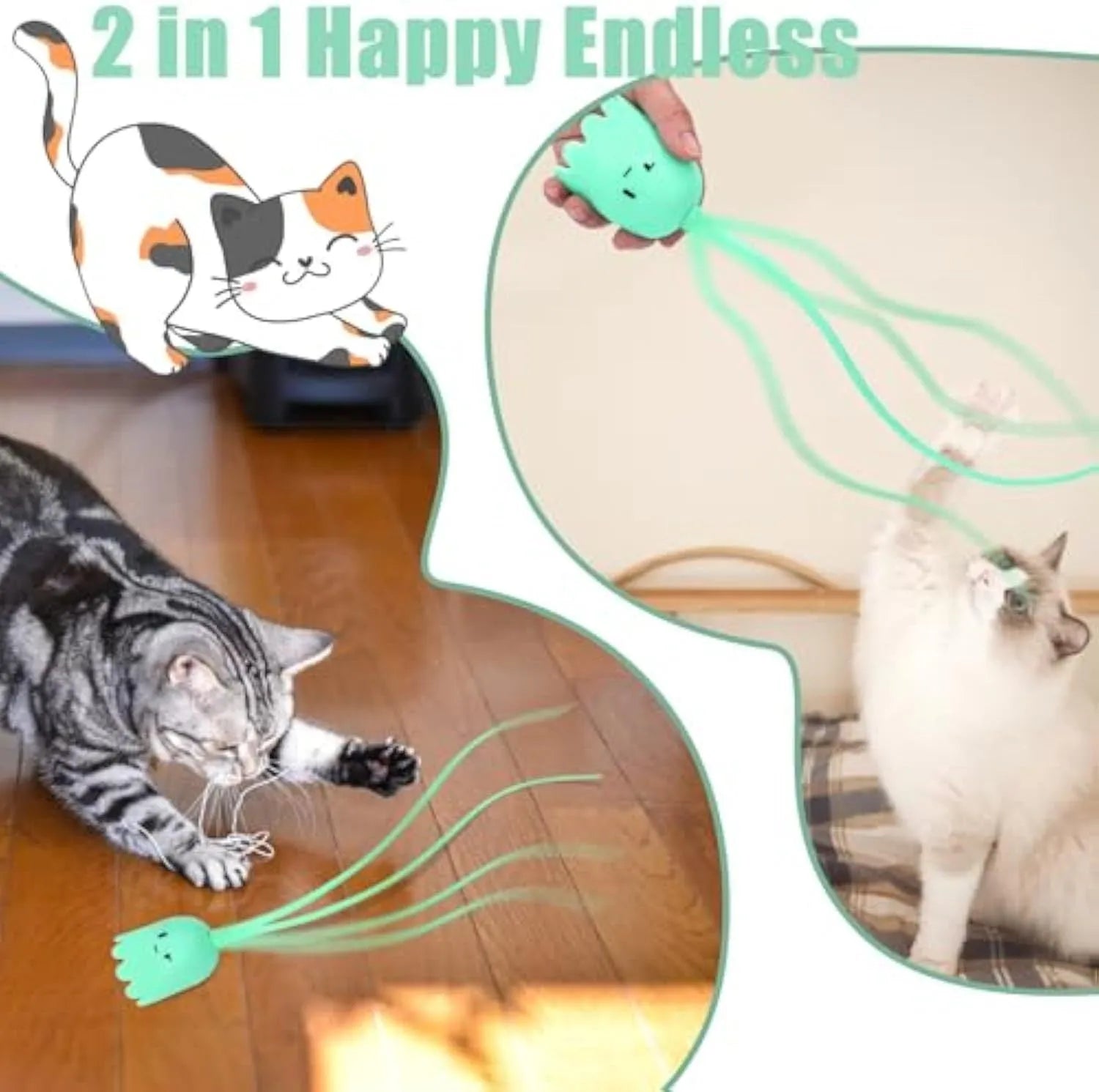 Green electronic cat wand toy with swinging silicone tails for automatic interactive pet play