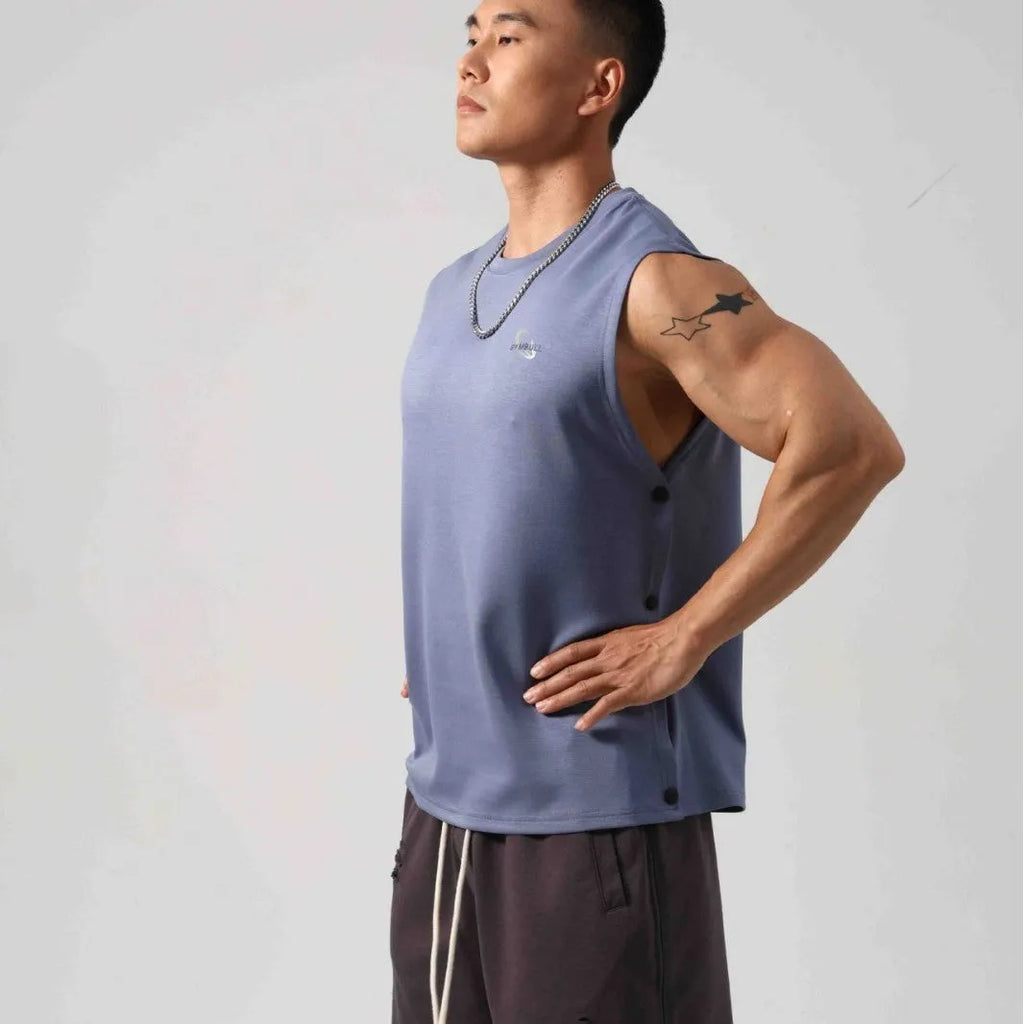 Men's Korean style loose fitness vest with two-side hidden hook opening in solid colour