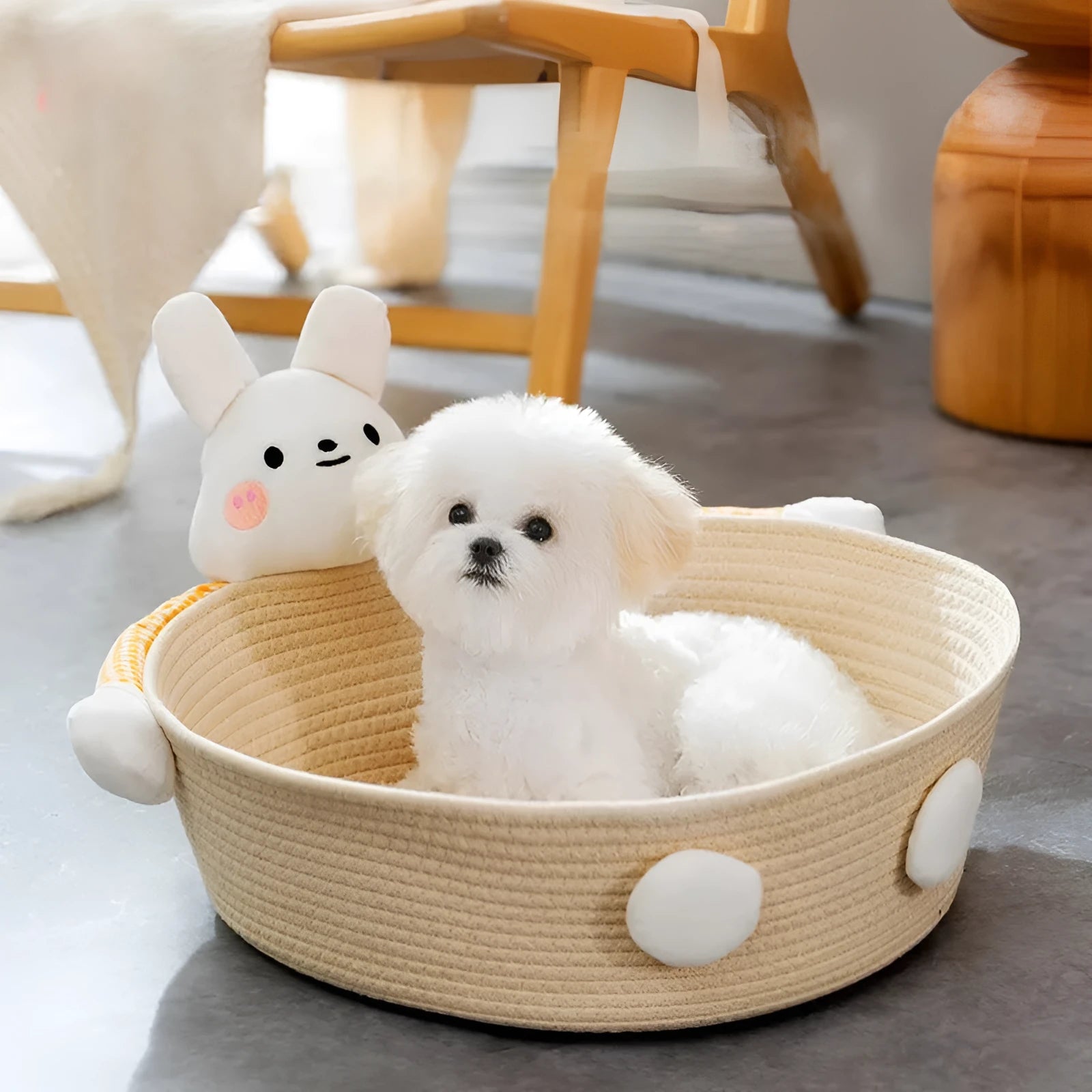 Woven cotton rope cat bed with scratch board in basket design for indoor pets
