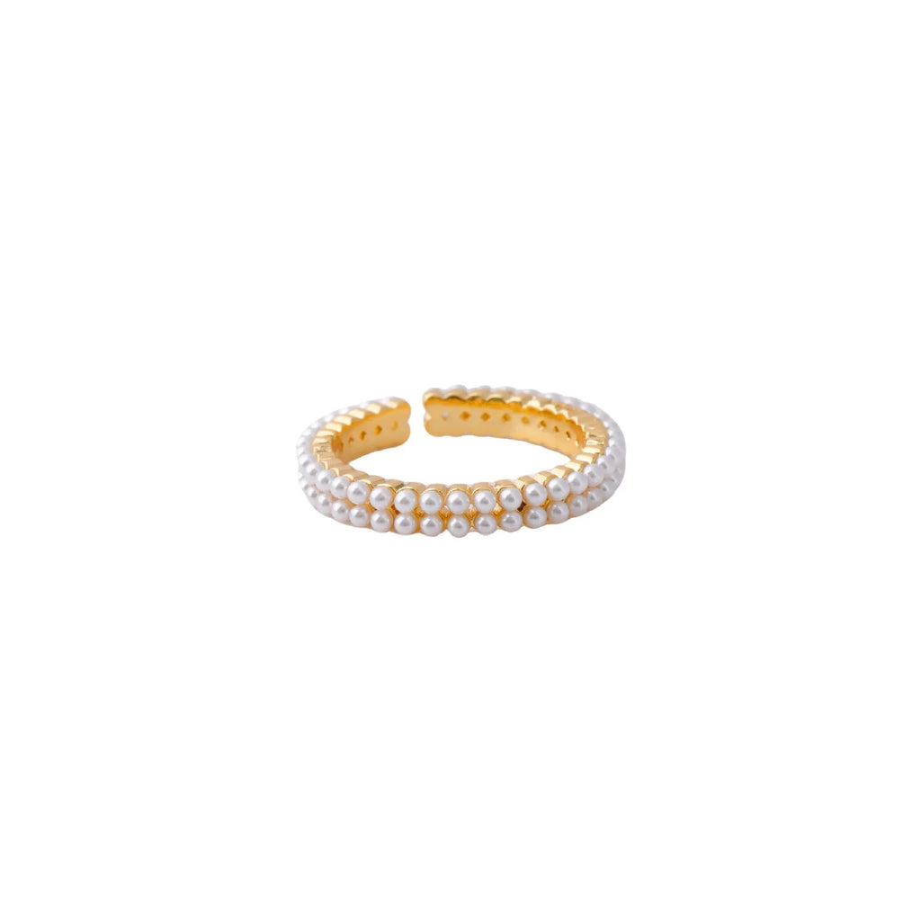 Gold geometric open-mouth women's ring with round pearl detailing on electroplated copper