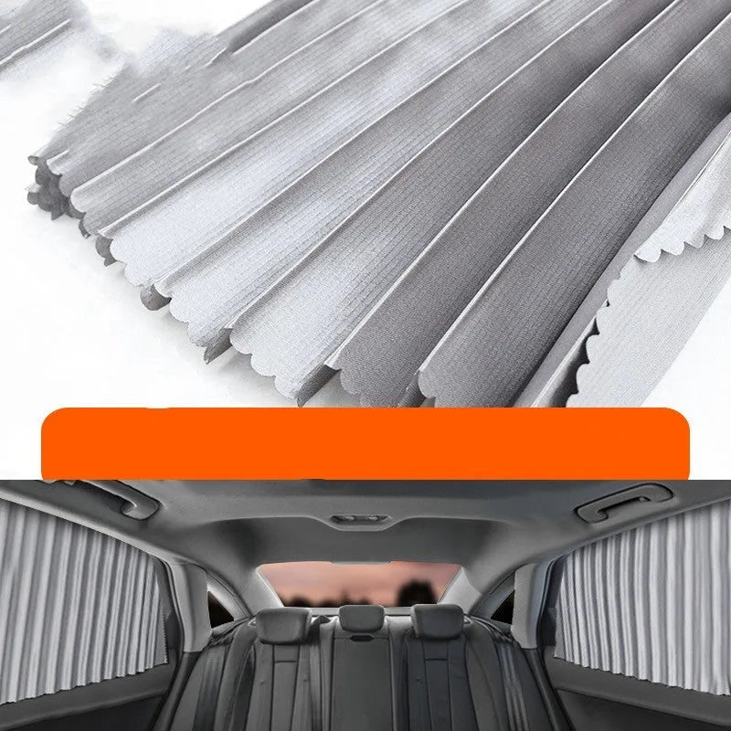 Auto retractable car sunshade in black colour showing roller shutter mechanism