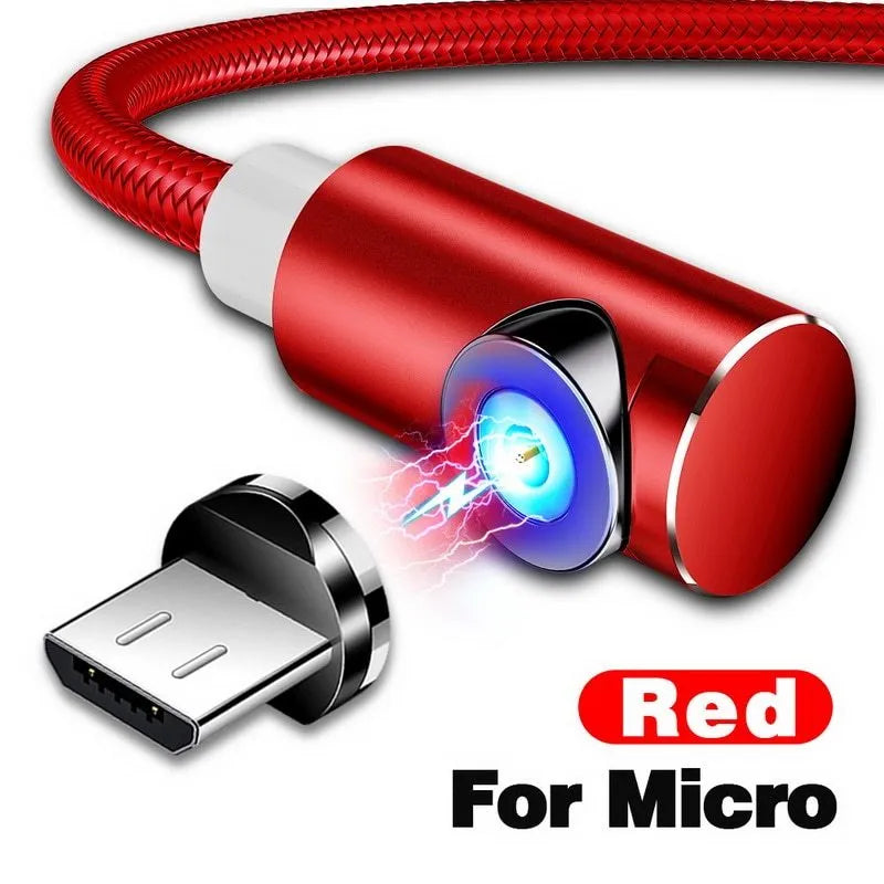 L-shape magnetic charging cable with aluminium housing in black, red, gold, or silver, showing Micro USB, Lightning and Type-C plug heads.