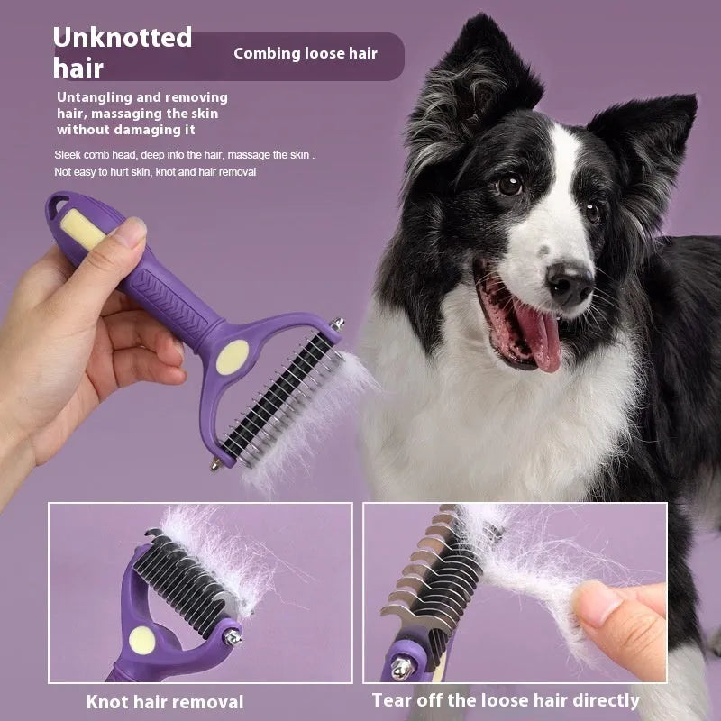 Purple double-sided plastic pet grooming comb for dogs and cats