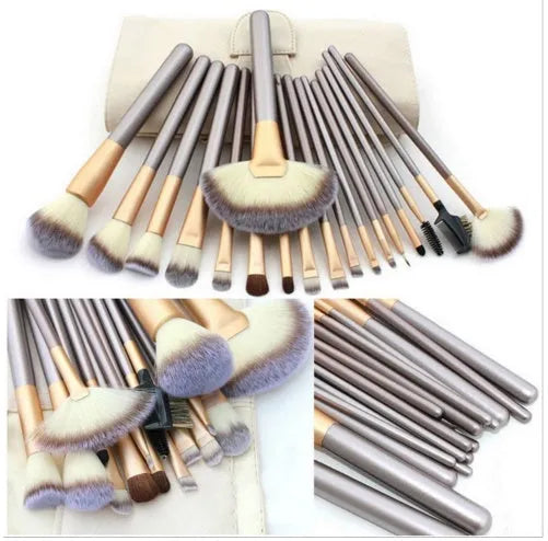 Persian makeup brush set with rice white bristles and champagne handles, shown in a 12-piece kit.