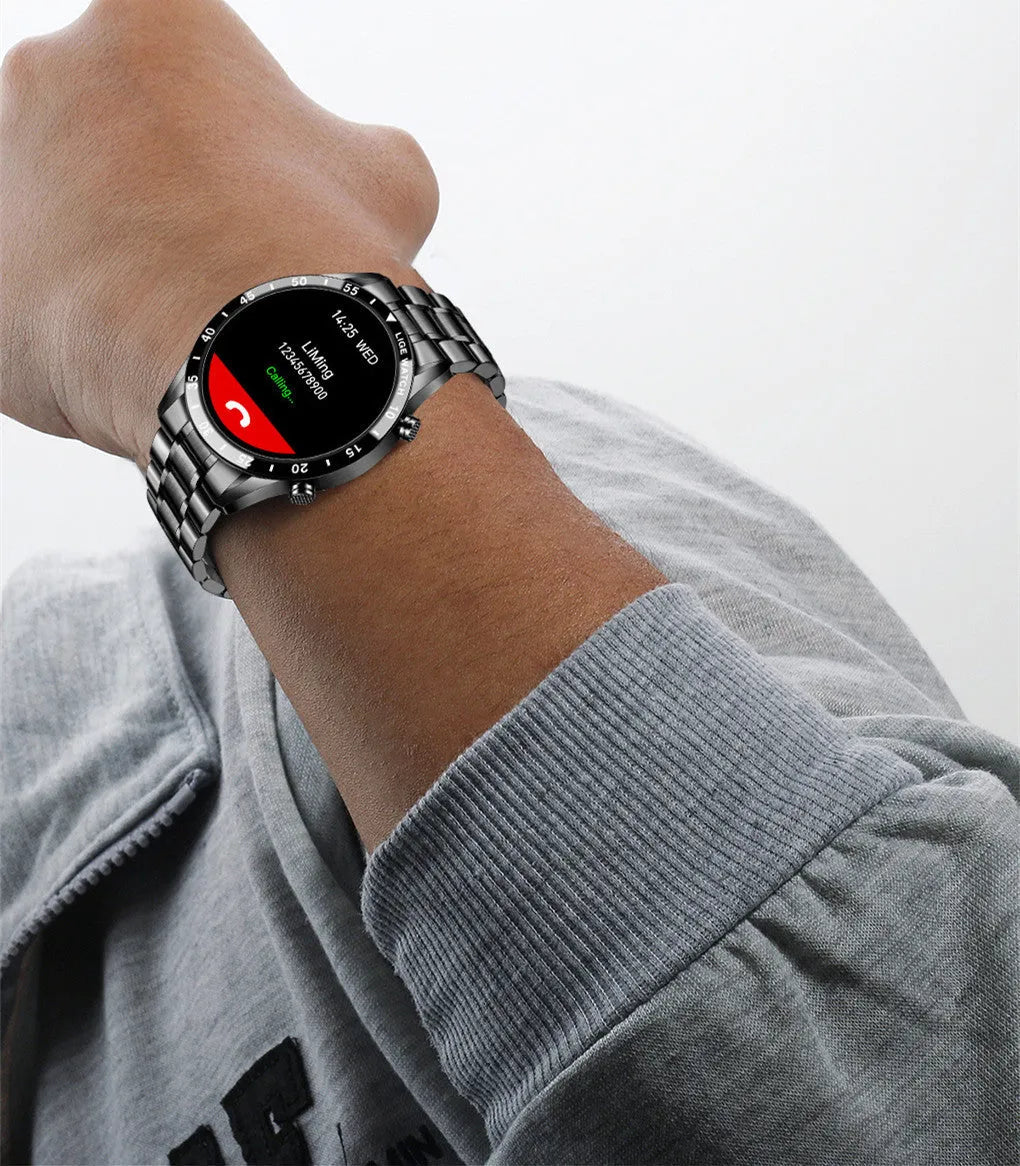 Smart watch with stainless steel band and 1.3-inch touchscreen display showing step count interface