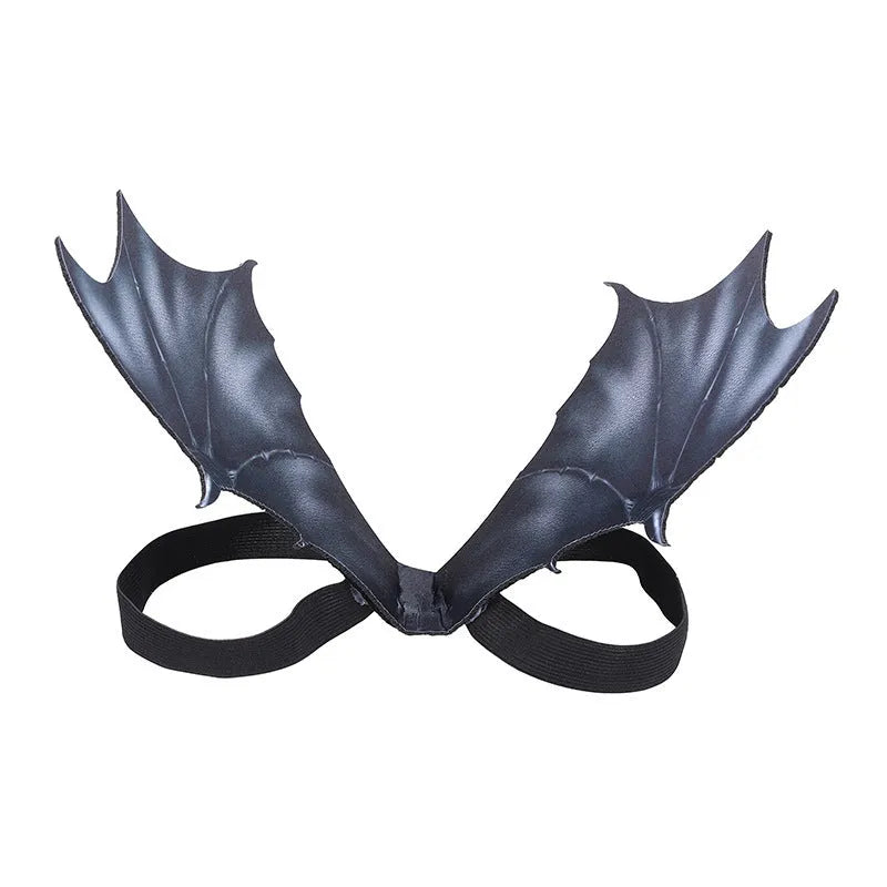 Black bat wing Halloween costume for pets showing three size options for cats and dogs