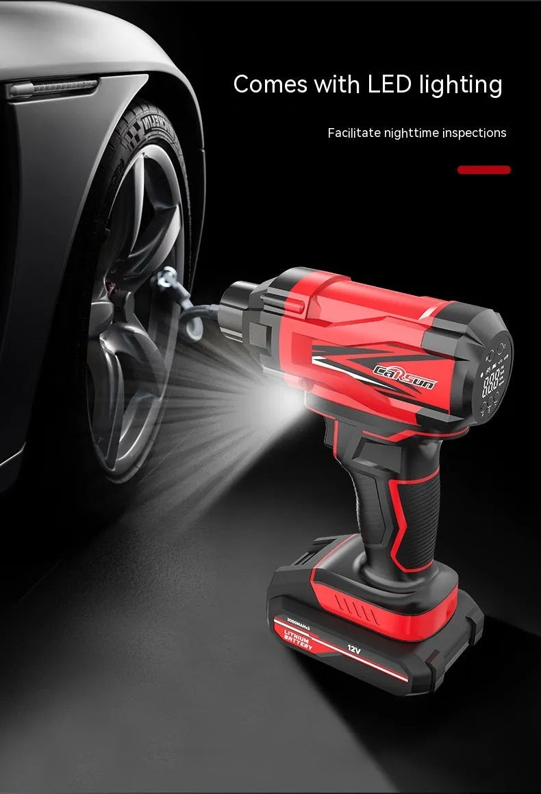 Red and black portable car tyre inflator with power cable and accessories
