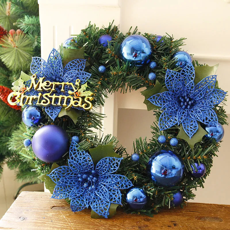Multicolour plastic Christmas wreath with a 30cm diameter, shown in red against a door.